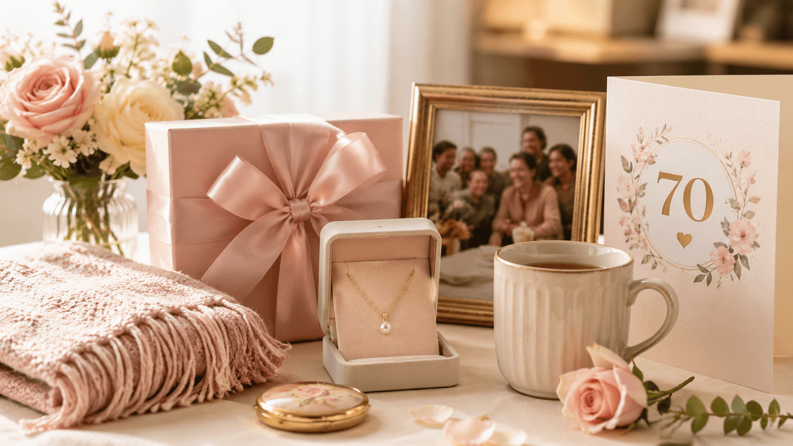 Presenttips till kvinna som fyller 70 år med smycke, blommor och personlig gåva