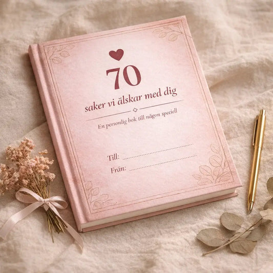 70 saker vi älskar med dig – personlig fyll-i-bok i hardcover med rosa omslag, perfekt 70 års present till kvinna