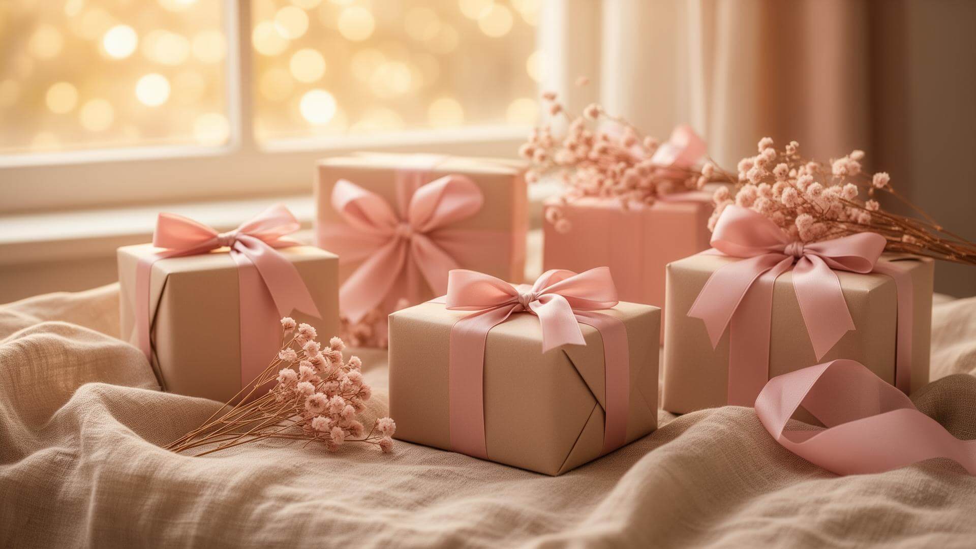 Massa rosa presenter på en säng