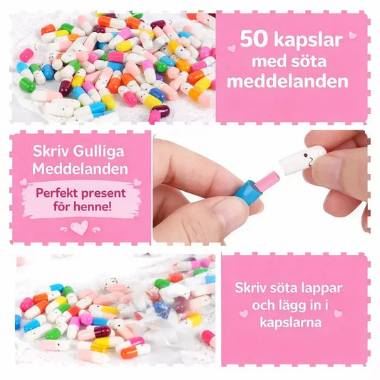 Colorful capsules with message sticks on a white background, surrounded by pink text boxes.