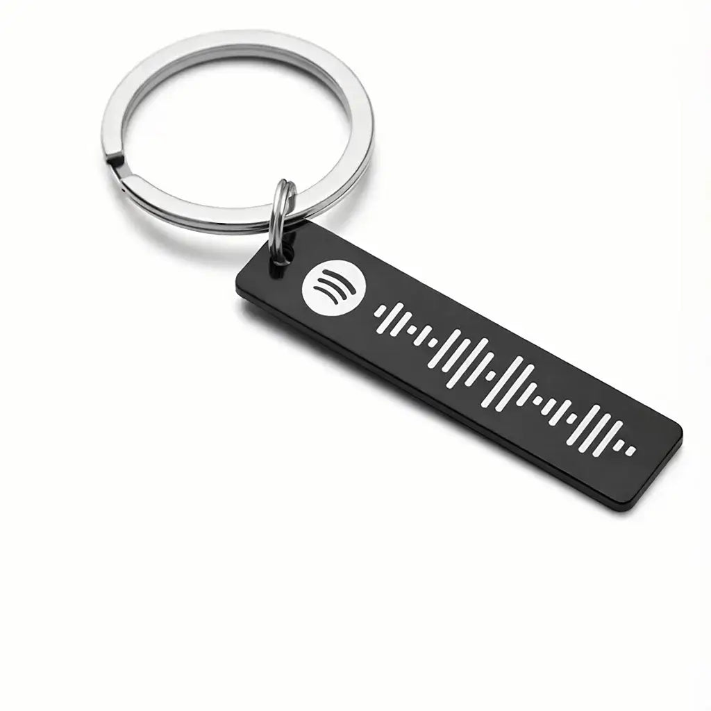 Black rectangular keychain with Spotify logo and QR code on a white background